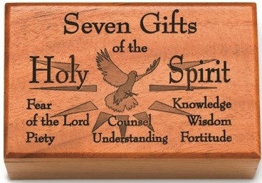 SEVEN GIFTS OF THE HOLY SPIRIT MAHOGANY WOOD KEEPSAKE BOX