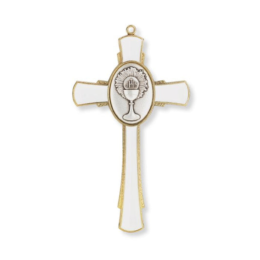 Communion Cross, Gold with White Epoxy and Chalice Center - 5"
