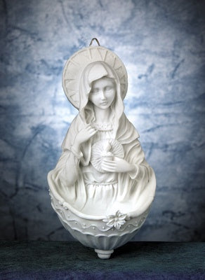 Immaculate Heart of Mary Holy Water font in white resin