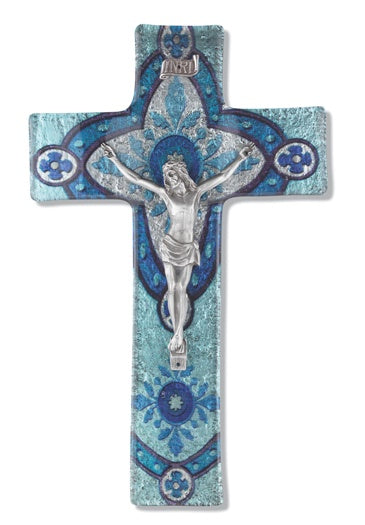 Light Aqua Glass Cross with Baroque Cathedral Cross Pattern and Pewter Corpus - Crucifix