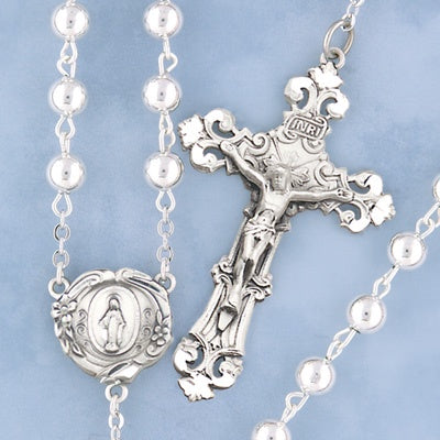 6mm Sterling Silver bead rosary with sterling pins, chain, and hand engraved sterling crucifix and center, 18inch,  gift boxed.