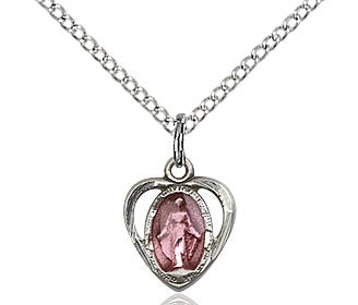 Miraculous Medal heart medal in sterling silver with clear, pink coating