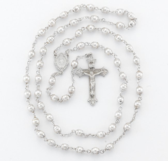 Imitation Pearl Capped New England Pewter Rosary