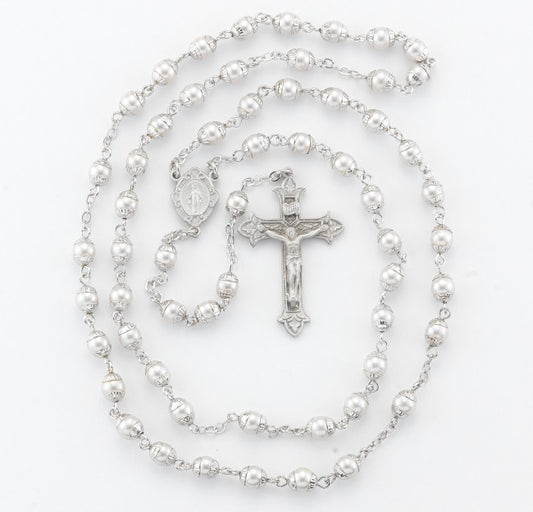 Imitation Pearl Capped New England Pewter Rosary