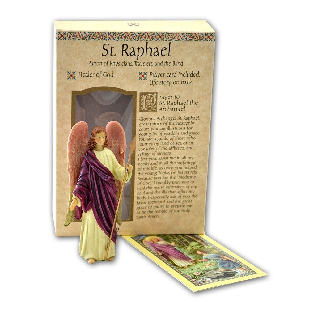 St. Raphael 4 inch statue with prayer card and story.