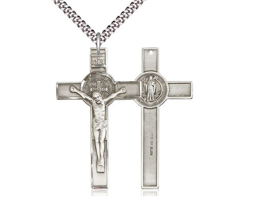 St. Benedict Crucifix Medal in Sterling Silver with 24" Rhodium Chain