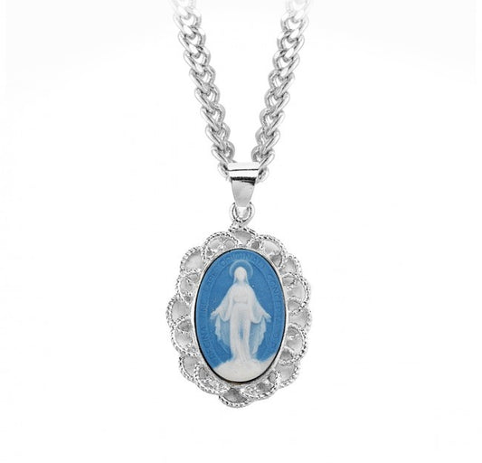 Blue and White Capodimonte Porcelain Cameo Miraculous Medal on Sterling Silver Frame - CM1715