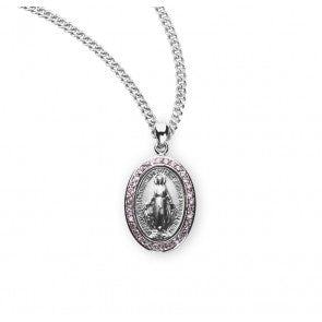 Miraculous Medal oval in sterling silver with pink stones