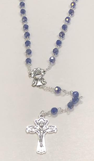 6mm First Communion Blue Glass Rosary With Silver Toned Chalice Center