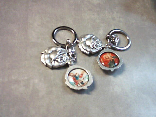 Rosebud sliding keychain with St. Christopher and St. Michael