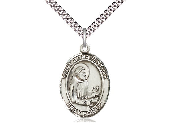 St. Bonaventure sterling silver oval medal with 24 inch stainless steel chain