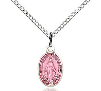 Miraculous Medal in sterling with clear, pink coating