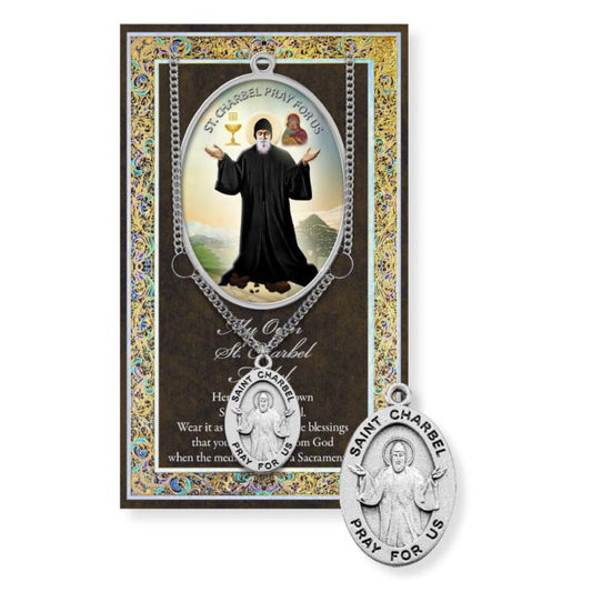 St. Charbel Pewter Medal Necklace with Pamphlet - 24" Chain