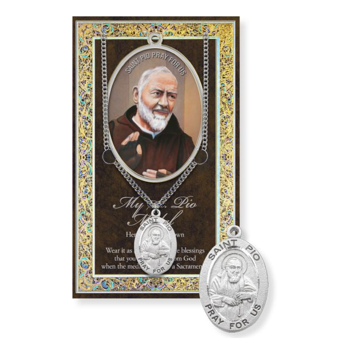 St. Pio ( Padre Pio ) Pewter Medal Necklace With Prayer Card