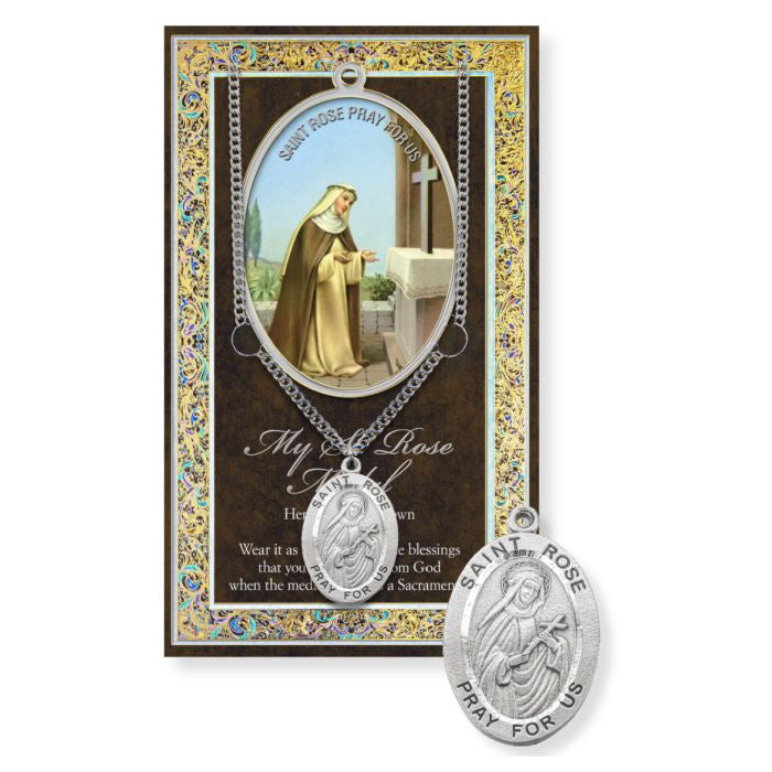 St. Rose Pewter Medal Necklace With Prayer Card