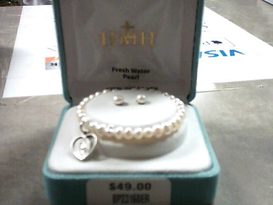 Fresh Water Pearl Bracelet with Heart Miraculous Medal and Perl Earring Set