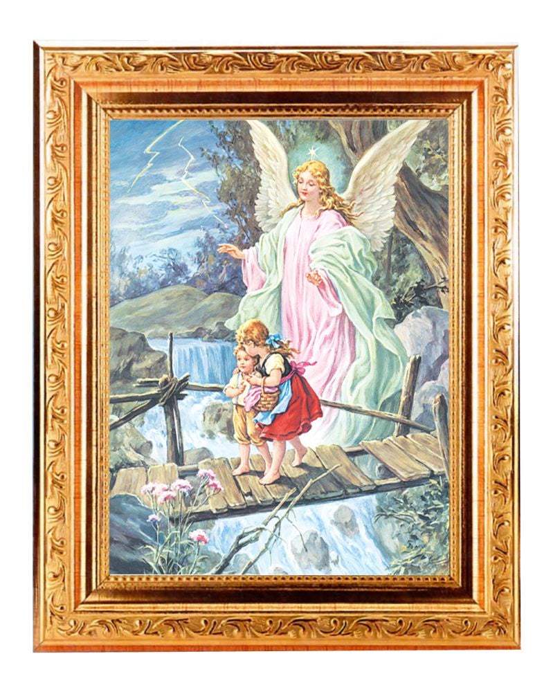 GUARDIAN ANGEL IN A FINE DETAILED SCROLL CARVINGS ANTIQUE GOLD FRAME #862350