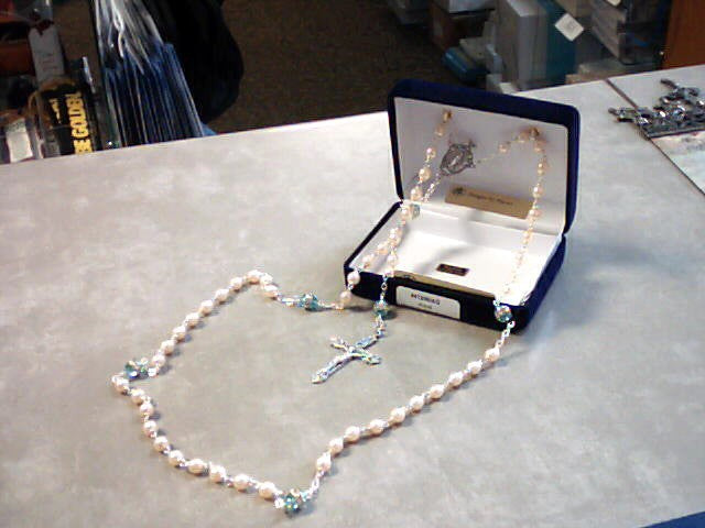 Pearl rosary with Our Father beads Aqua with Bohemian crystal