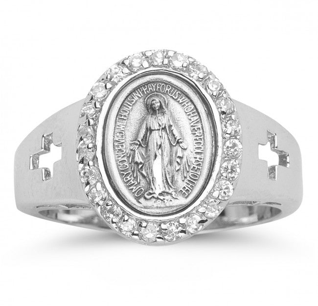 Sterling Silver Miraculous Medal (Various Color) Cubic Zircon Ring (Size Variants)