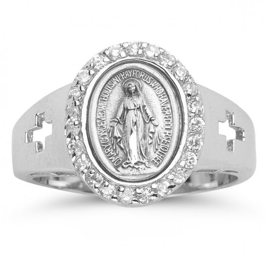 Sterling Silver Miraculous Medal (Various Color) Cubic Zircon Ring (Size Variants)