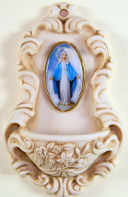 Our Lady of Grace resin holy water font with enamel picture