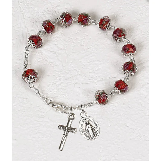 Red Crystal Rosary Bracelet with Pink Rose Painted Beads