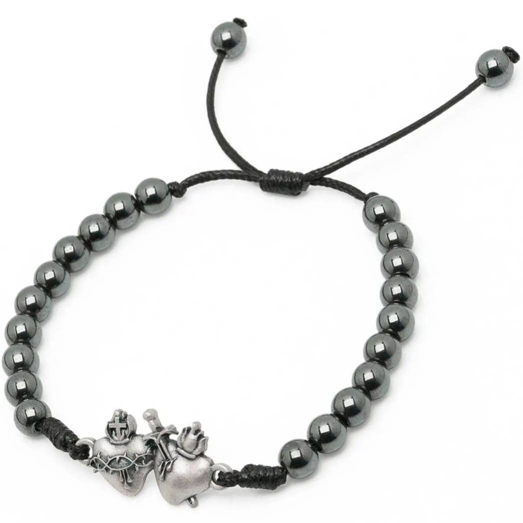 Sacred Heart Hematite Beads Bracelet - 7"
