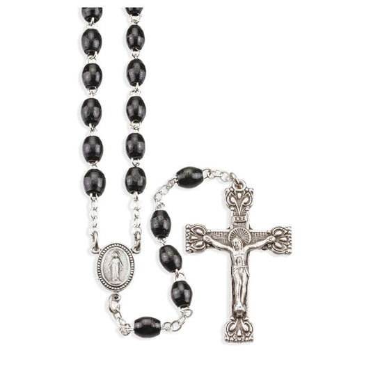 Black Wood Bead Rosary with Miraculous Medal Center