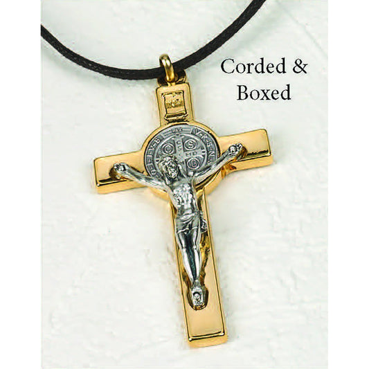 St. Benedict Silver & Gold Tone Classic Crucifix - 3" Cross on Cord