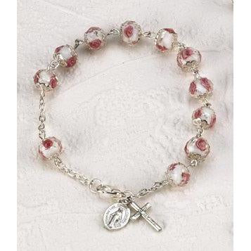 White Crystal over Painted Rose bead Bracelet
