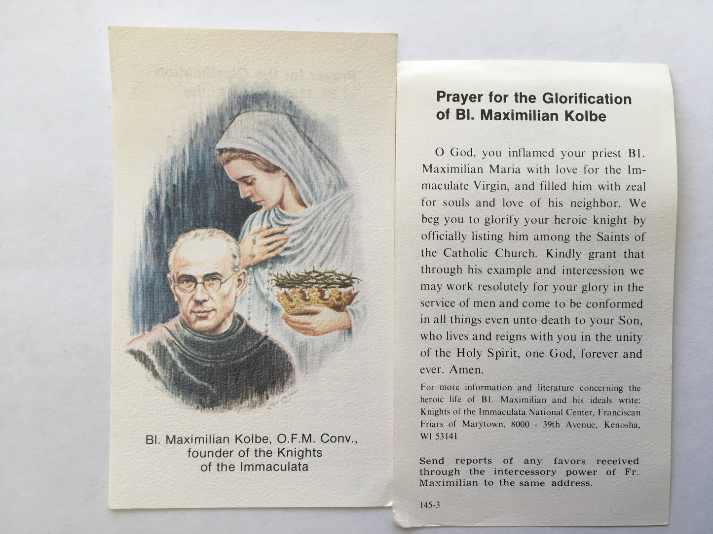 Prayer For The Glorification Of St. Maximilian Kolbe Holy Card