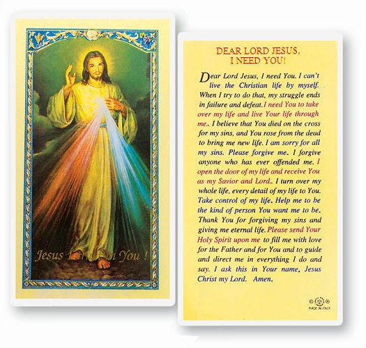 Divine Mercy, "Dear Lord Jesus, I Need You!" - Laminated Holy Card 800629