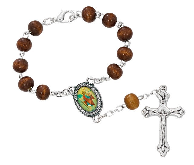 St. Christopher Auto Rosary with Enameled Medal and Wood Beads