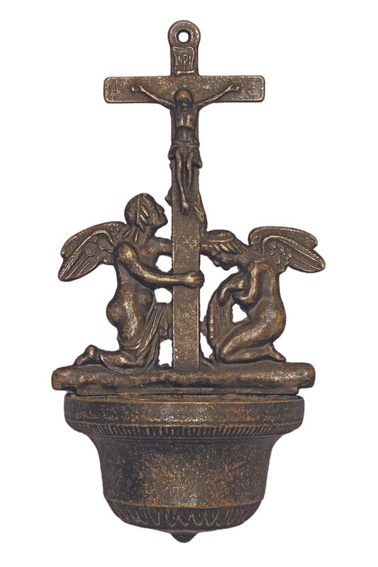 Crucifixion holy water font with angels