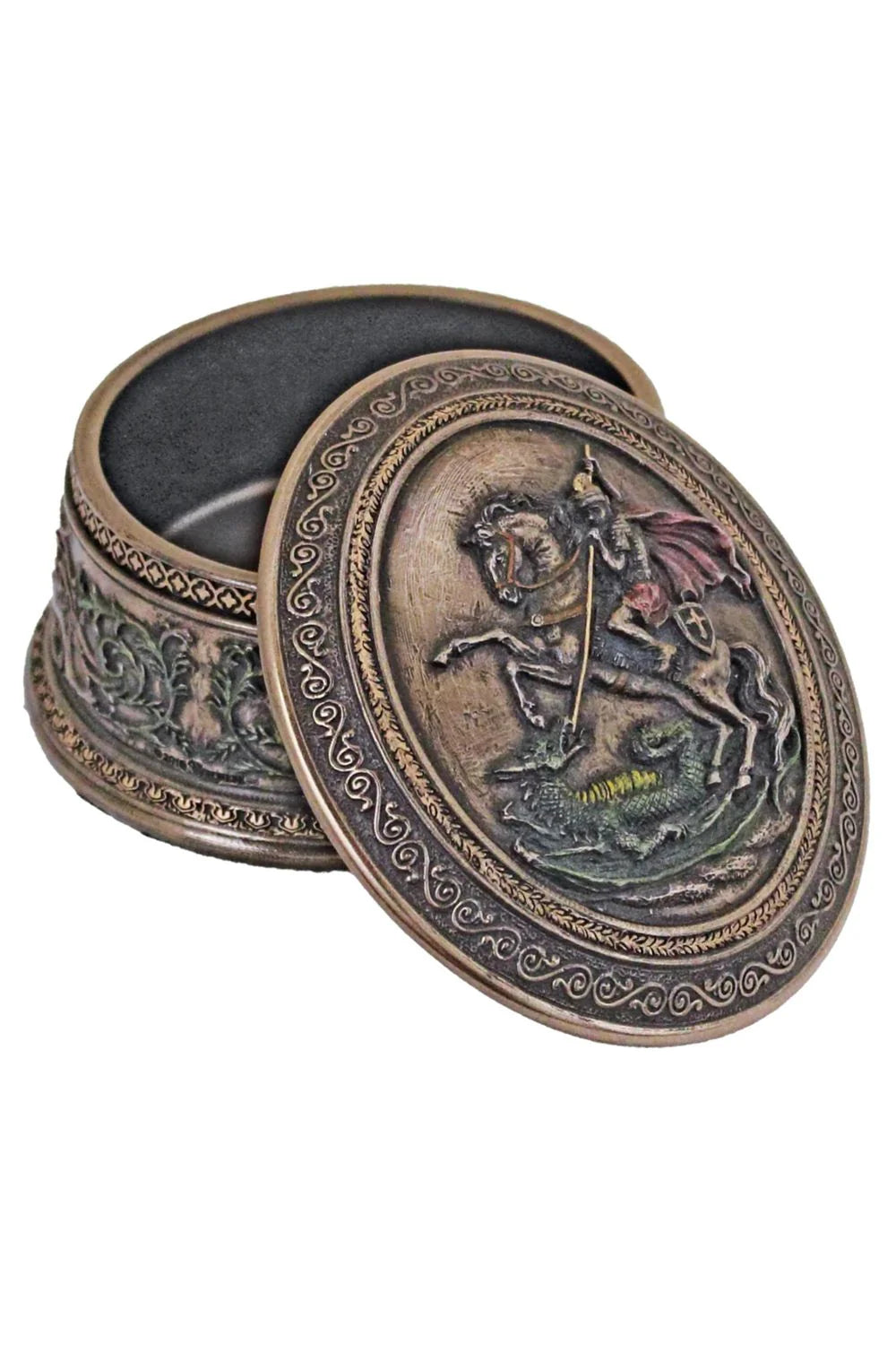 St. George Oval Keepsake Box, Veronese Collection, in lightly hand-painted cold cast bronze - 3x5x2"