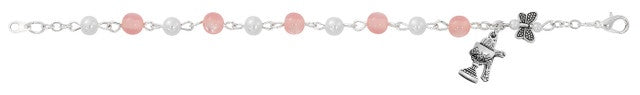 First Communion Pink and Pearl Bracelet with Chalice and Crucifix Medals