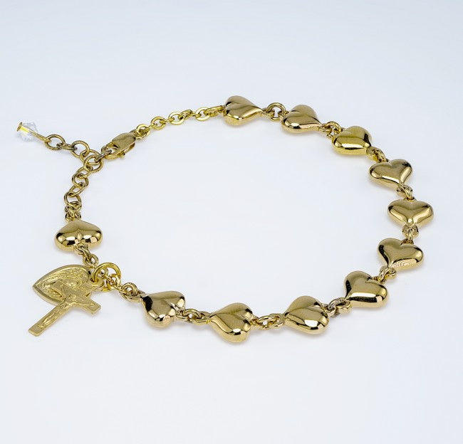 Polished Heart Rosary Bracelet, Solid Gold over Sterling Silver