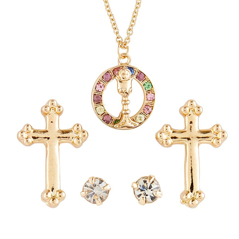 Multi-Colored and Gold Plated Chalice Pendant and Earrings Set