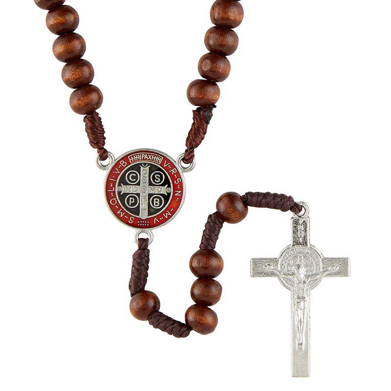 St. Benedict Rosary, Dark Brown Wood Beads with Enameled Jubilee Medal