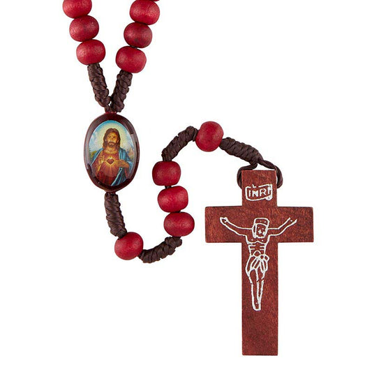 Sacred Heart of Jesus Corded Rosary, Rose Wood Stained Bead