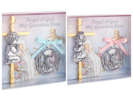 Cross with Guardian Angel Crib Medal Set