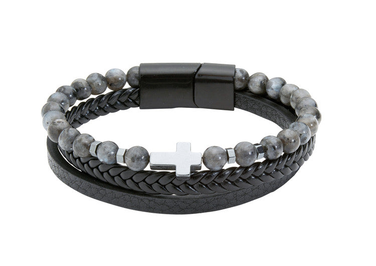 Men's Leather and Stone Cross Bracelet
