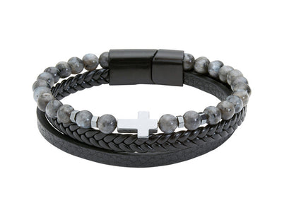 Men's Leather and Stone Cross Bracelet