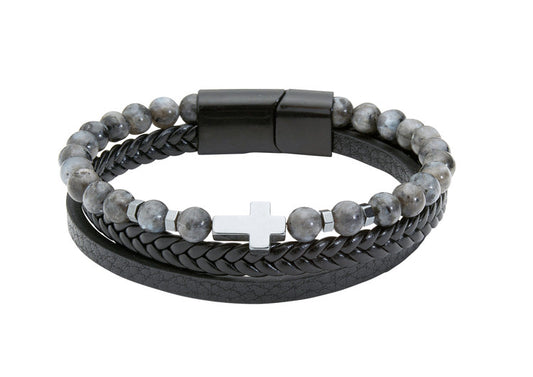 Men's Leather and Stone Cross Bracelet