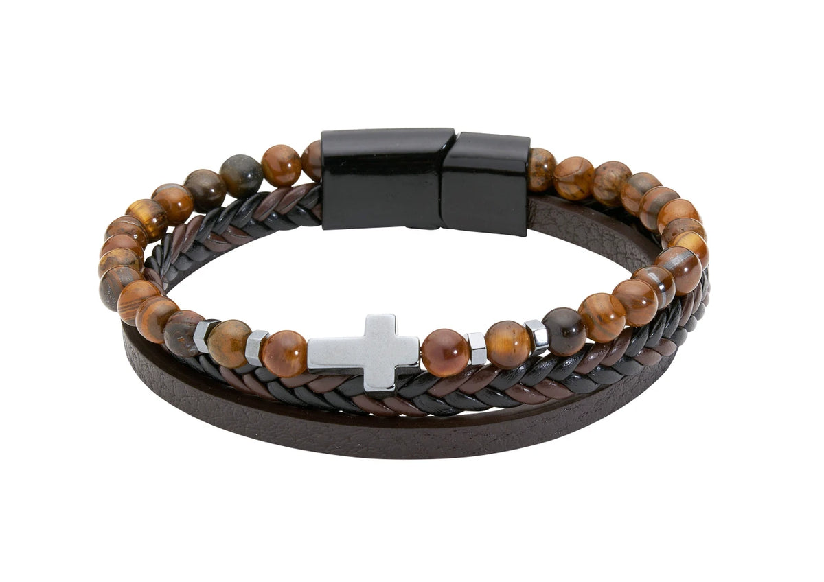 Men's Leather and Stone Cross Bracelet