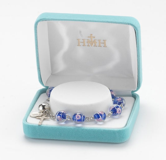 Pink Rose Embedded Ventian Style Glass Bead Rosary Bracelet with small paired Sterling Silver Miraculous Medal and Crucifix