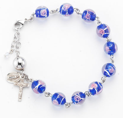 Pink Rose Embedded Ventian Style Glass Bead Rosary Bracelet with small paired Sterling Silver Miraculous Medal and Crucifix