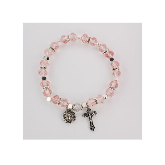 DO NOT REORDER Rose colored crystal rosary bracelet with Miraculous Medal and crucifix