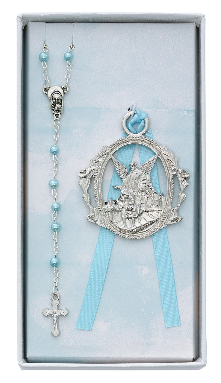 Guardian Angel Crib Medal and Rosary Gift Set - Available in Blue or Pink