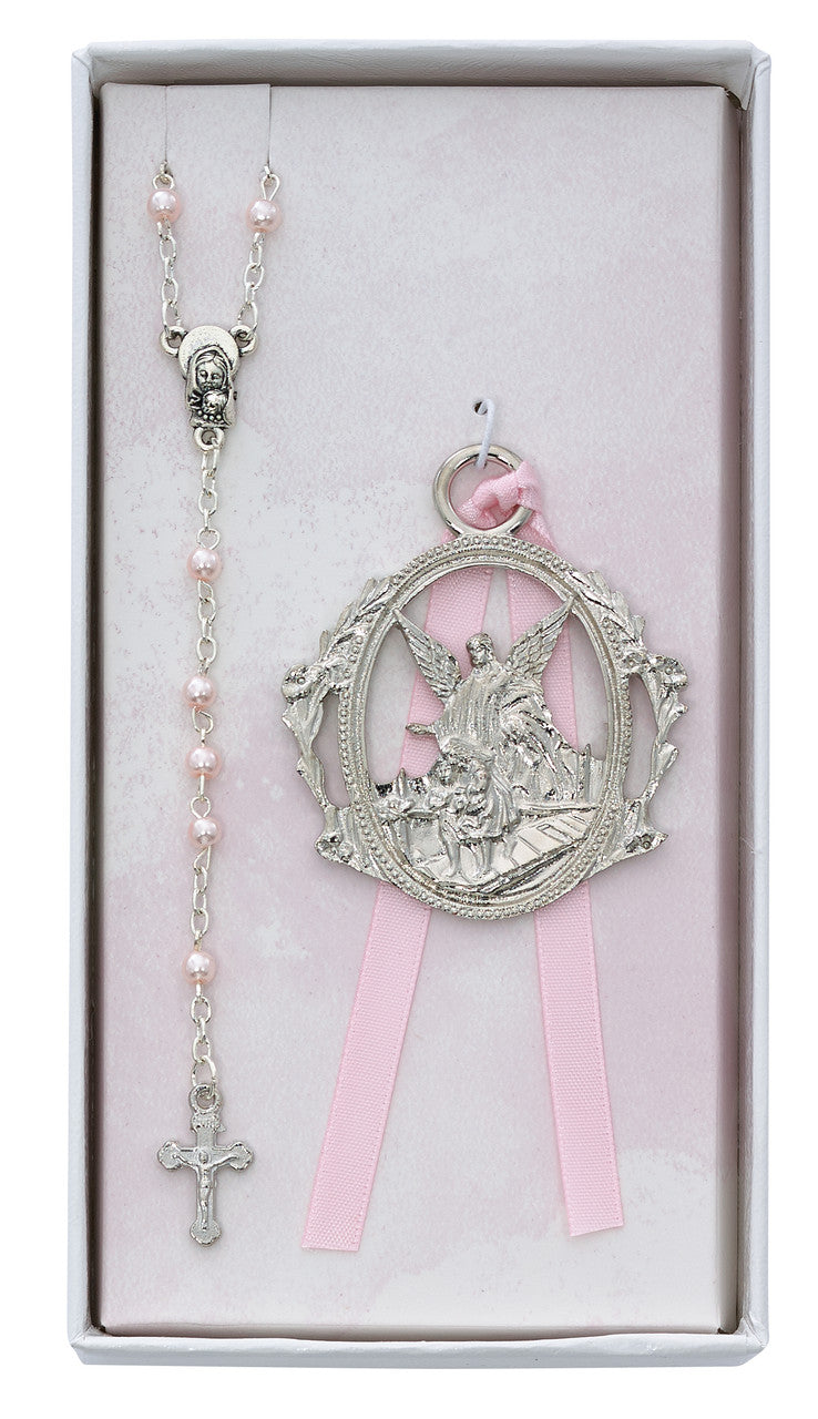 Guardian Angel Crib Medal and Rosary Gift Set - Available in Blue or Pink